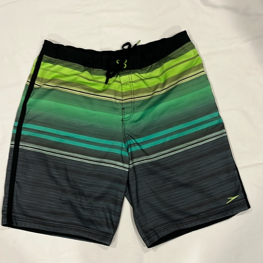 Men’s Speedo Swim Trunks, XXL, Green, Gray and Black striped